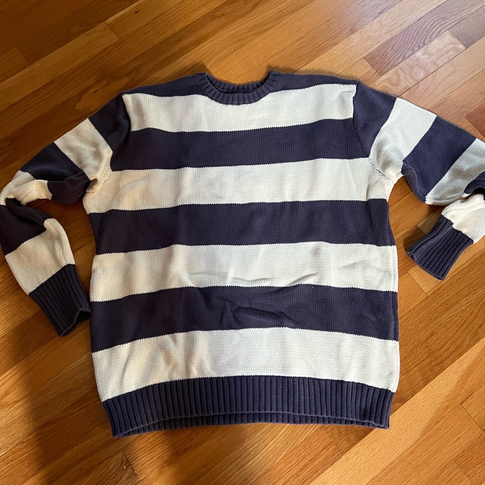 Brandy Melville Navy and Cream Striped Crewneck Sweater